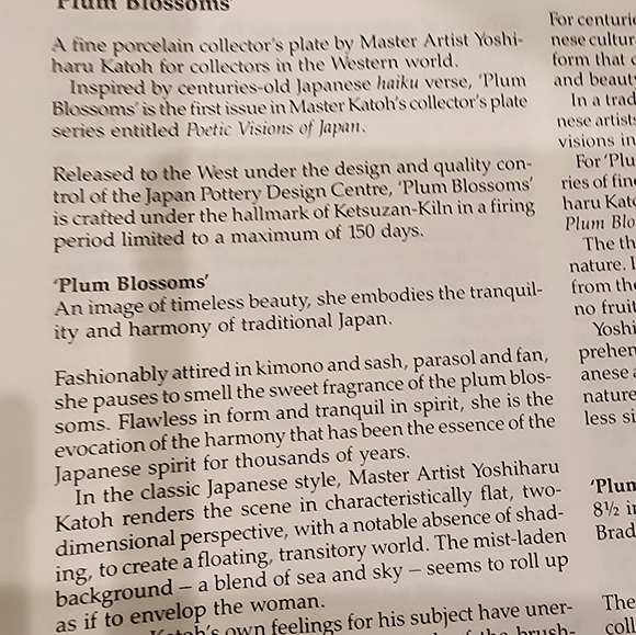 PLUM BLOSSOM porcelain collector plate by artist Yoshiharu Katoh - Picture 4 of 8